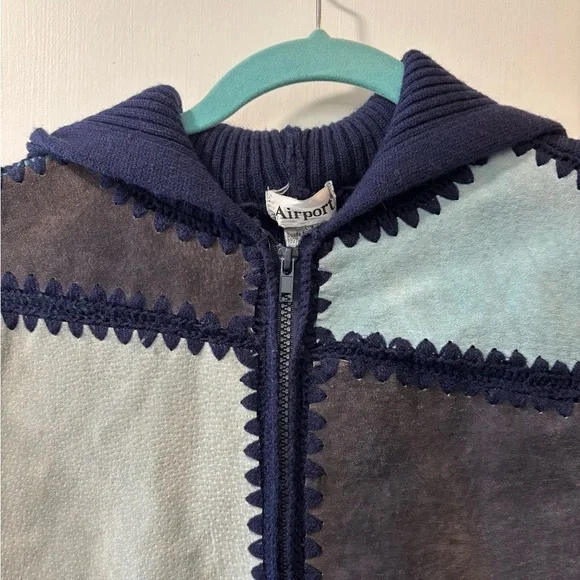 Airport Vintage Blue Patchwork Suede Hooded Women's Jacket Sweater Size L - Picture 2 of 8